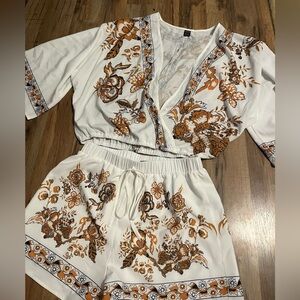 SHEIN White and Orange Floral Two-Piece Set